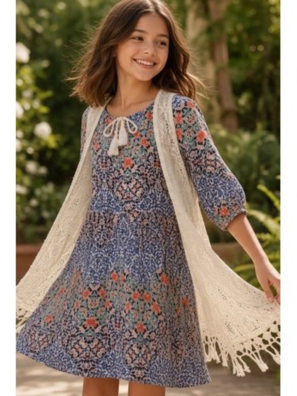 MY MICHELLE Floral Print Boho Dress with Fringed Crochet Vest Girls Size 10
